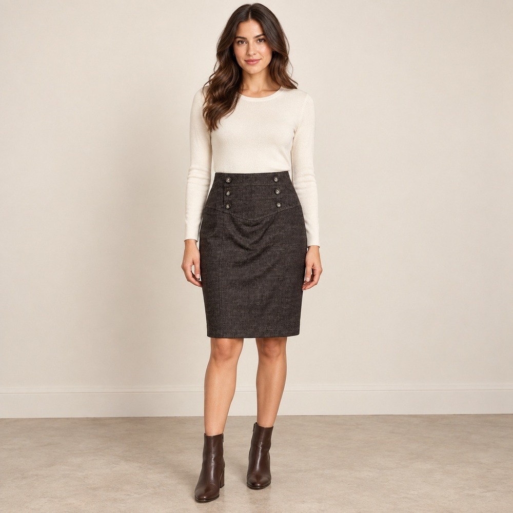 BCX Pencil Skirt 1 Dark Brown Double Breasted Button High Waist Dark Academia